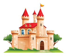 Red roof castle with central tower and rounded turrets in a grassy landscape. Vector cartoon illustration isolated on white background © YG Studio