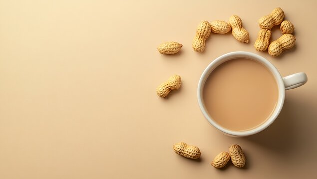 Photo of Cup and Peanuts on Off-White Background with Copy Space for Text or Design, Web Banner with Copy Space on the Right