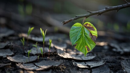 Rebirth After Wildfire  Green Leaf and New Growth on Burned Earth