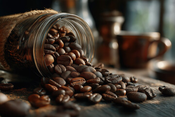 Close-Up of Freshly Roasted Coffee Beans in a Glass Jar with Spilled Beans on Wooden Surface and Natural
