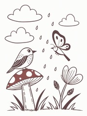 Adorable Little Bird Perched on Mushroom Under Rainy Sky with Butterfly and Flowers
