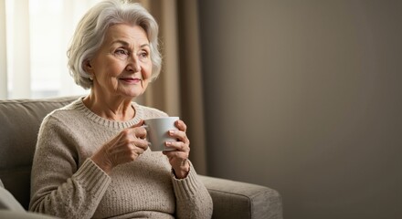 Elderly woman enjoying tea in a cozy living room setting  