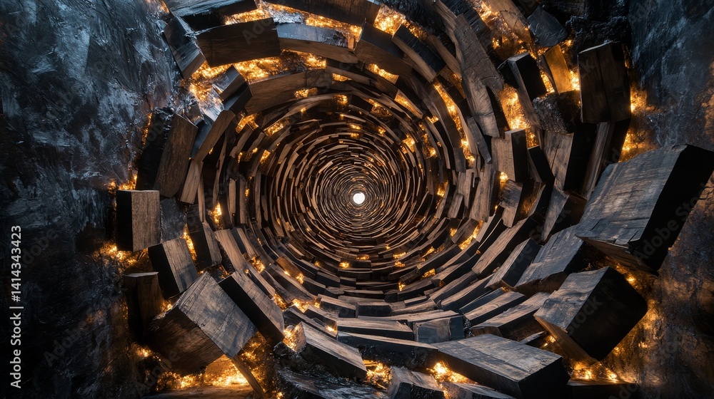 Poster abstract tunnel with geometric shapes and light at the end creating depth.