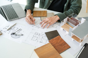 Architecture interior Asianman Creative project plan&nbsp;designer home and Choose interior materials  drawing interior on blueprint.