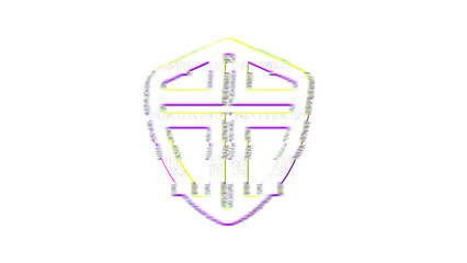 Icon shield cross is distorted. Glitch. Noise, chromatic aberration, geometric distortion