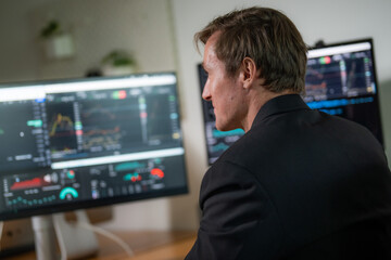 Trader analyzes market trends and data during afternoon session in modern office environment