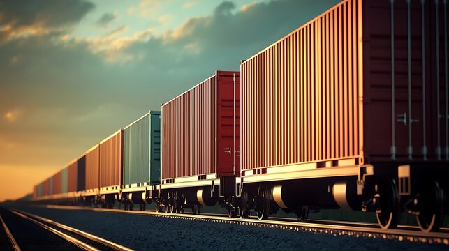 Freight train carrying cargo containers at sunset.  A long freight train, loaded with colorful intermodal containers, moves across the landscape as the sun sets.  