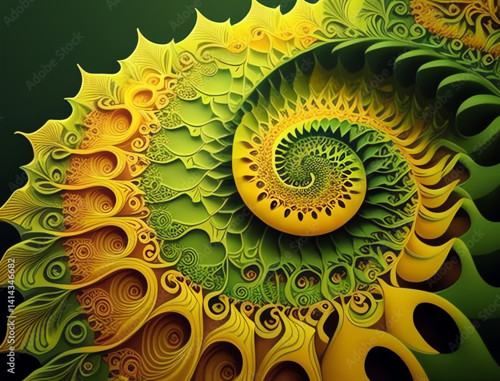 Poster vibrant green and yellow fractal patterns swirl elegantly, showcasing intricate designs and lines. p