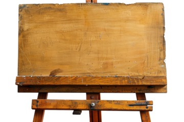 A blank canvas awaits inspiration on a rustic wooden easel in a serene artist's studio setting isolated on transparent background