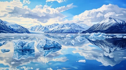 Snowy mountains reflect in icy water under a cloudy blue sky.