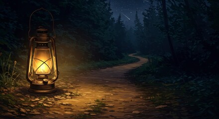 Illustration of a lantern lighting a forest path at night under starry skies.