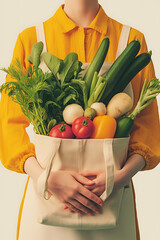 Woman holding reusable cotton bag filled with fresh organic vegetables