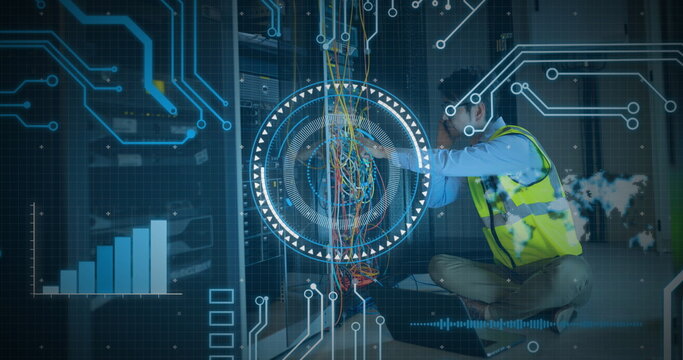 Image of digital interface and data processing over worker