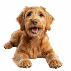 Adorable red apricot Labradoodle puppy lying down with fluffy wavy fur and a happy expression, looking playful and friendly, isolated on transparent background.