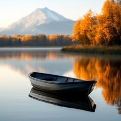 Obraz premium rowboat on a calm lake with mountain backdrop