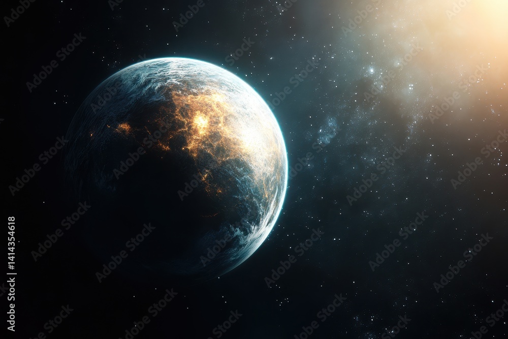 Poster planetary landscape with luminous explosions and a cosmic backdrop in deep space