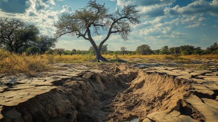 Dry cracked earth with a tree in the background under a cloudy sky.
