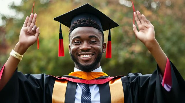 Smiling african achievement graduate in academic regalia, celebrating academic american during commencement ceremony video 4k