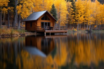 log cabin on lake in autumn with colorful fall foliage
