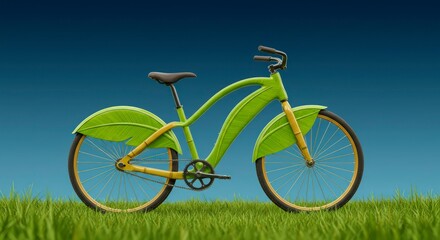 Fototapeta premium Conceptual bicycle with leaf accents stands on grass, promoting eco-friendly transport.
