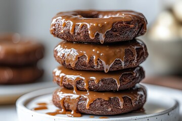 Stacked chocolate doughnuts covered in caramel glaze sitting on a plate