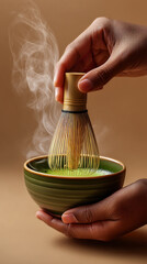 Traditional matcha tea preparation with bamboo whisk and ceramic bowl in warm tones