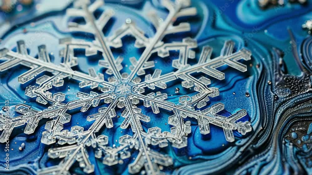 Poster the artwork features a stunning snowflake resting on a vibrant blue surface, showcasing intricate de