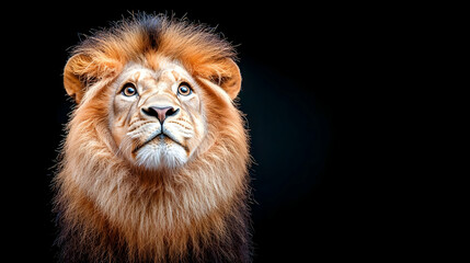 Fototapeta premium Majestic lion portrait golden mane against black background wildlife photography