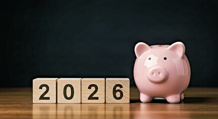Savings goal for twenty twenty six illustrated by piggy bank on wooden year blocks for future investments