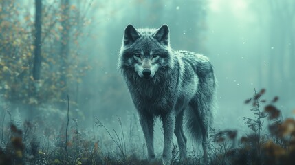 Lone wolf standing in a misty green forest surrounded by soft light and falling leaves, perfect for wildlife, nature, and cinematic storytelling themes.
