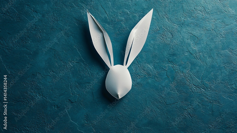 Poster white paper cut bunny ears on textured blue canvas in artistic style made with generative ai technol