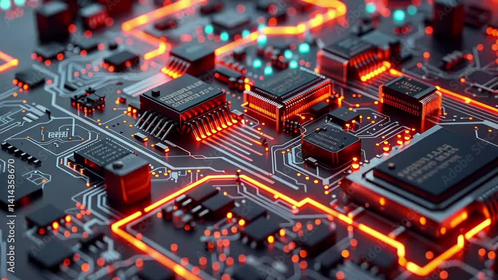 Poster the intricate design of a circuit board comes alive with vibrant orange light as microchips and path