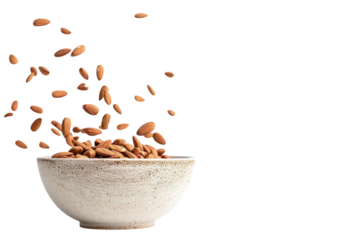 Almonds cascade beautifully from a ceramic bowl against a minimalist backdrop isolated on transparent background