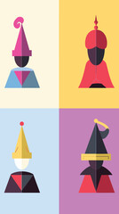 Fototapeta premium Abstract geometric characters in colorful quadrants with unique hats flat vector illustration