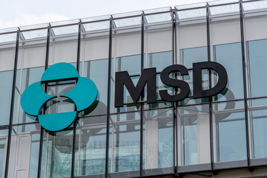 Puteaux, France - 16 avril 2025: Gros plan de l'enseigne sur le si&egrave;ge social de Merck Sharp and Dohme (MSD) France, filiale fran&ccedil;aise du groupe pharmaceutique am&eacute;ricain Merck and Co. Inc.