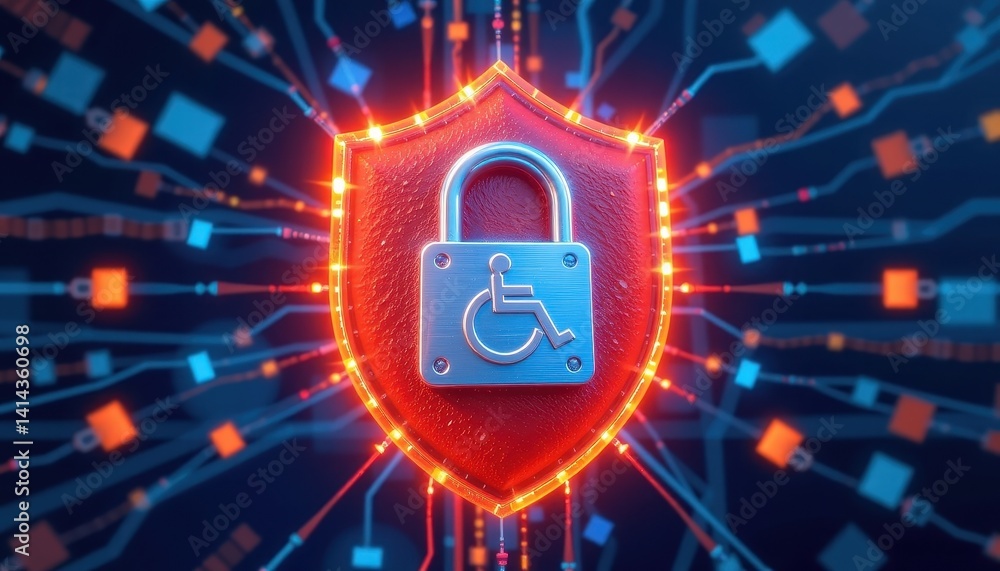 Poster digital security shield with a lock symbol and circuitry background, representing protection.