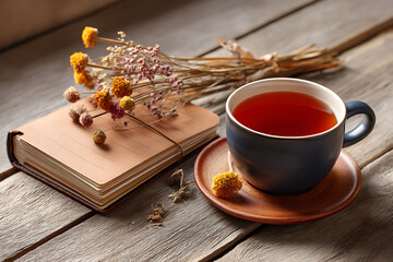 Cup of tea with dried flowers and journal on rustic wooden table in cozy autumn atmosphere