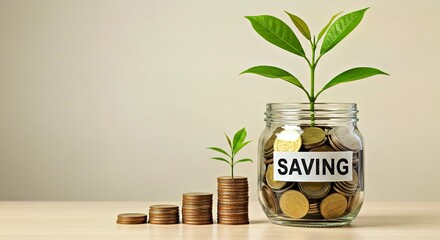Investment growth concept shown by young plant sprouting from coins collected inside clear glass savings jar