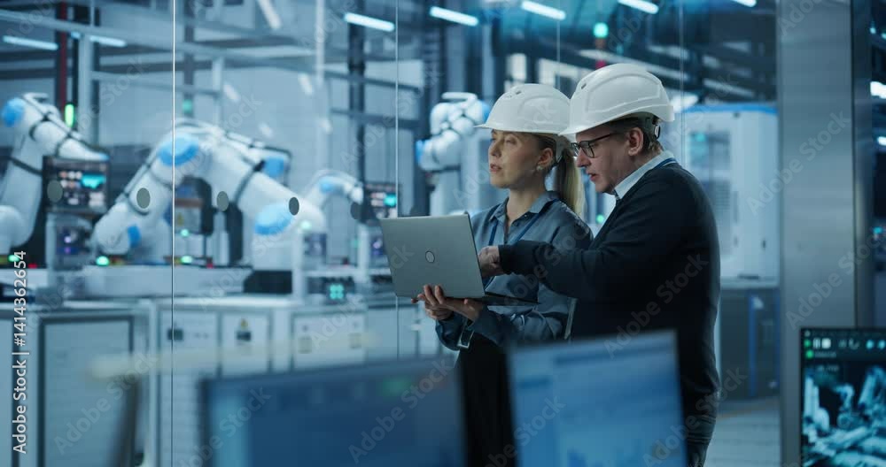 Poster Young Engineer and Technician Having a Conversation and Using a Laptop Computer. Industrial Specialists Monitoring, Analyzing Conditions at a Modern Electronics Factory with Automated Assembly Line