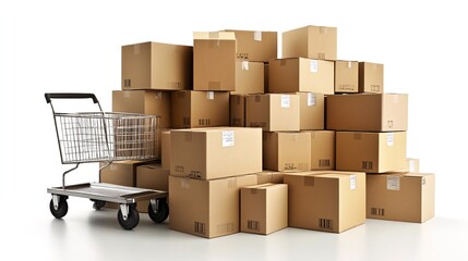 Fototapeta premium Shopping cart near cardboard boxes; online orders; warehouse; delivery