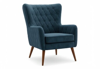 Fototapeta premium A teal armchair with a tufted back and wooden legs is centered on a white background in a studio shot