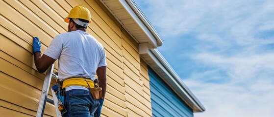 Fototapeta premium Construction Worker on Ladder Inspecting Siding