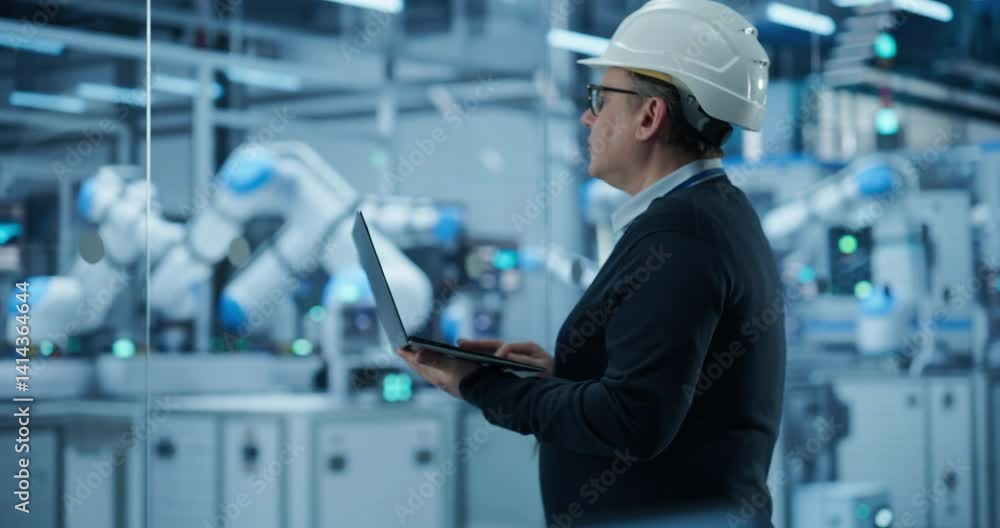 Poster Electronics Factory Manager Working on Laptop at an Industrial Manufacture with Robotic Arms. Specialist in a Hard Hat Monitoring Data on a Computer, Checking and Planning Production Process
