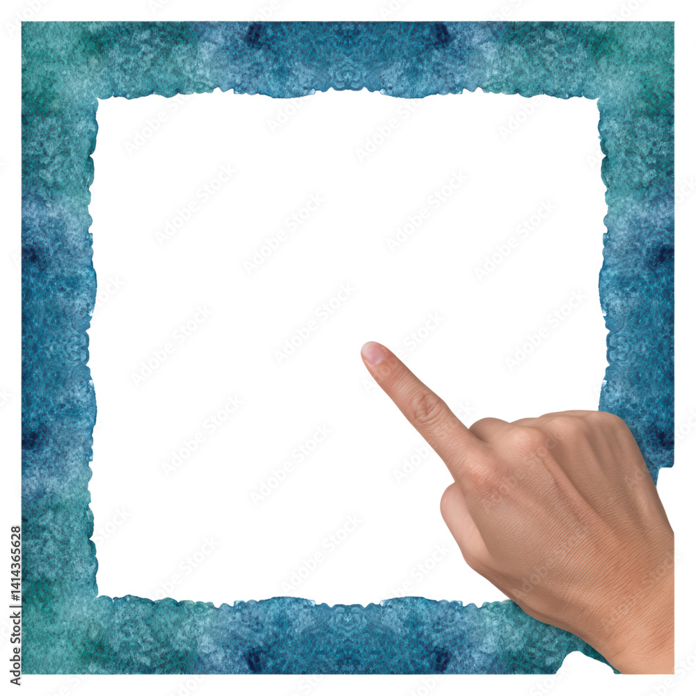 Poster hand gesture pointing towards empty space in a textured frame, isolated on transparent background.