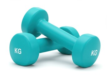 Two turquoise dumbbells stacked on each other on a white background with kg written on them clearly