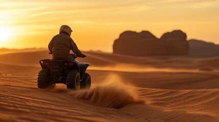 atv rider in the desert at sunset