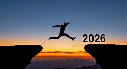 Man silhouette jumping between cliffs dated twenty twenty five and twenty twenty six illustrating future leap