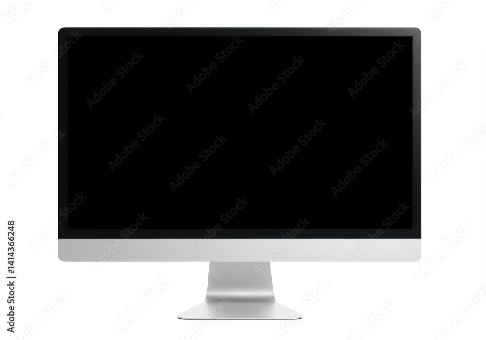 Poster isolated desktop computer with black screen and silver stand on a white background in studio shot