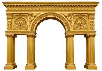 Obraz premium A golden archway with ornate carvings and classical columns against a white background in a studio shot