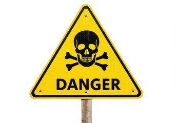 Obraz premium A yellow triangle danger sign with a skull and crossbones on a wooden post against a white background